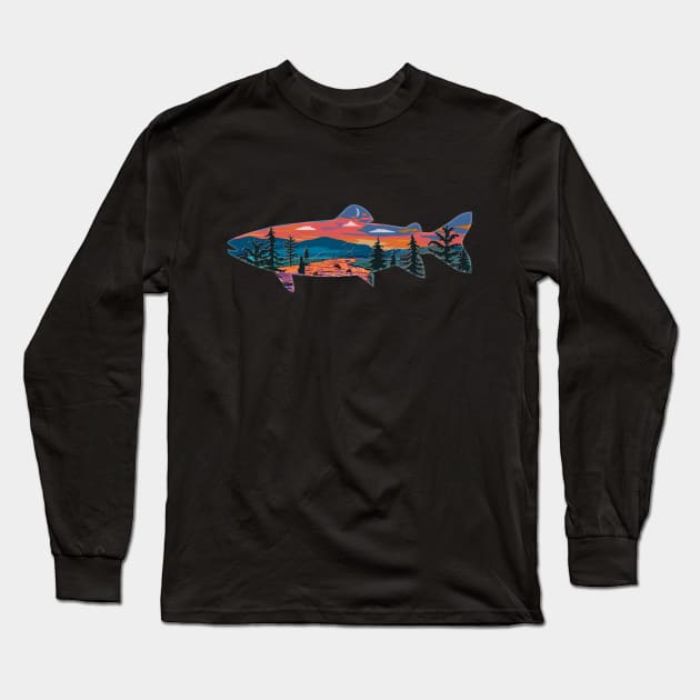 Trout Silhouette Fly Fishing Mountain Sunset River Stream Art Long Sleeve T-Shirt by TeeCreations